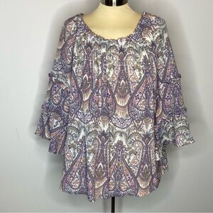 Hope & Harlow Bohemian Paisley Floral Bell Sleeve Blouse